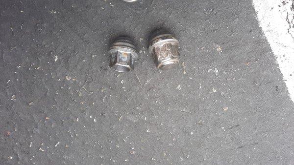 2 of 6 lugnuts damaged after service. According to another mechanic, these were all over-torqued by about 15 to 20 lbs.