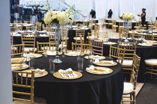 Wedding reception/ gala reception, flatware, glassware, tables, chiavari chairs and linen