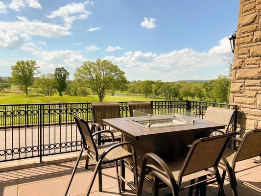 Patio seating with a view of the golf course