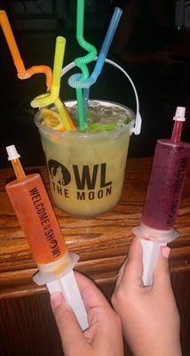 Prickly Pear Marg bucket, orange and red Jell-O shot syringes