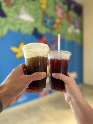 Cold brew (vanilla foam) and pomegranate iced tea.