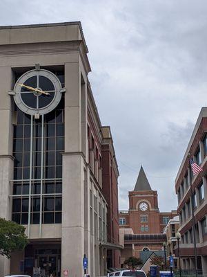 The clock on city hall and the one on the court house are out of synch!