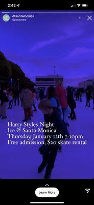 Advertisement for "free skating" that actually isn't free. It's 20 bucks regardless whether you rent ice skates or not.