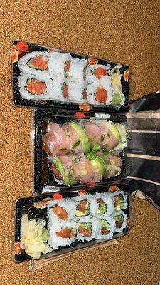 spicy tuna roll, albacore tenji roll , salmon roll