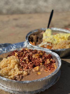 Chorizo w/eggs (beans and rice). In the background is the Chilaquiles w/Barbacoa meat