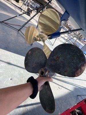 Old chipped crusty prop vs. new beautiful awesome prop