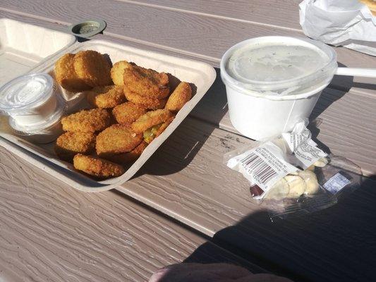 Fried pickles and a bowl of clam chowdah.