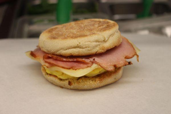 English Muffin Breakfast Sandwich with Ham, Swiss, & Egg