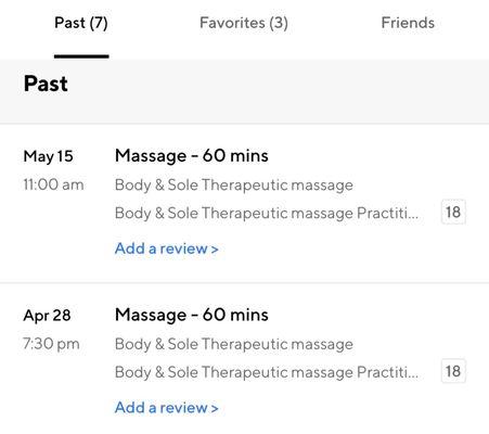 Proof of massages - used on ClassPass