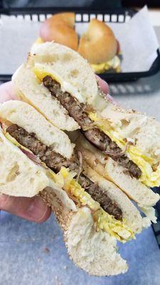 Sausage, egg & cheese with grilled onions on a sesame bagel!