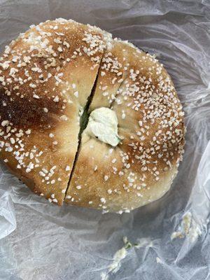 Salt bagel with scallion cream cheese