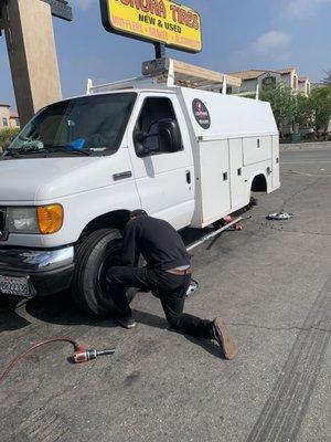 The work van getting new shoes