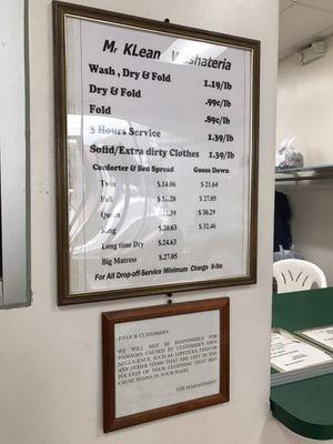 Price list for services