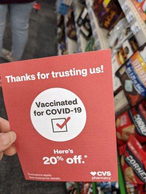 20 percent off entire purchase coupon (including sale items!) for covid-19 vaccination patients.