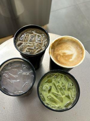 Iced Matcha Latte, Iced Hojicha Latte, Hot Latte