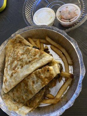 Steak quesadilla with fries