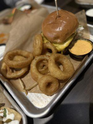 All-American Cheeseburger with onion rings