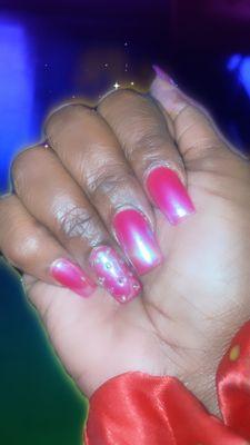 Fuchsia nails with chrome and crystals by Kevin!