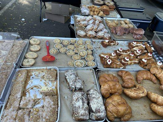 Crumb cake, babka, croissants, chocolate chip cookies, scones, cinnamon buns, other desserts