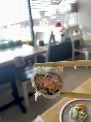 Inside of spicy kani roll.