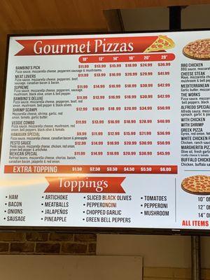 Gourmet pizza menu