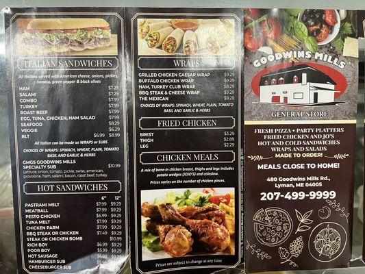 Goodwins Mils General Store Menu as of 12/9/2023.