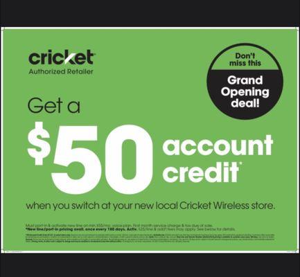 For limited time only switch today and get $50 in account credit with Cricket ! No Credit Check Required