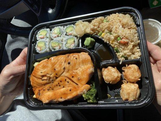 Salmon Teriyaki lunch bento box- Subbed for fried rice for $1.50.