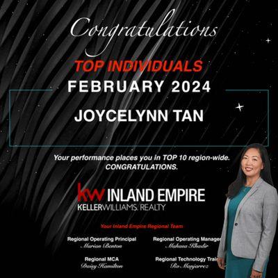 I'm honored to have been recognized as a Top 10 agent in the Inland Empire/San Gabriel region in February 2024!