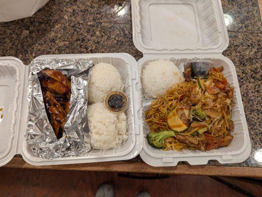 Chicken teriyaki and chicken yakisoba