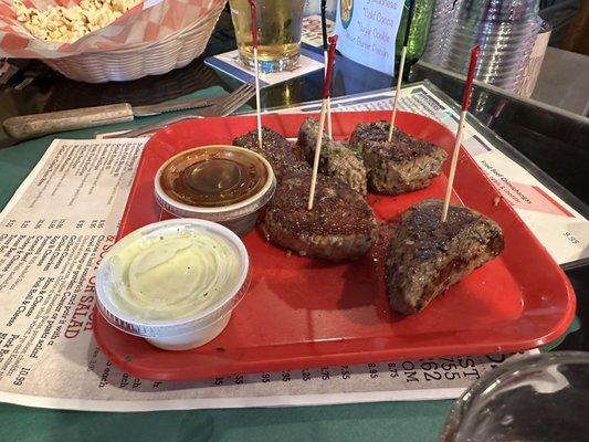 Steak bites with wasabi and teriyaki sauces