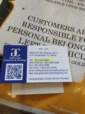 Customers are given a business card with all info & a ticket for their vehicle.