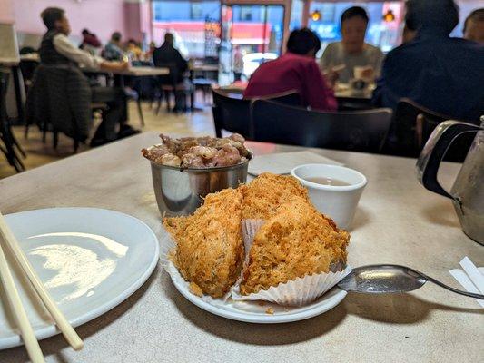 Fried taro root $4.50; spareribs over rice $5.50