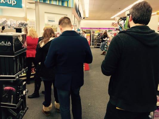 The usual long line and clerk shortage during peak times at the pharmacy.