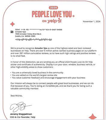 Congratulations!
Amador  Spa is the winner of 2024 PEOPLE LOVE US ON YELP Award!
Thank you for your support!