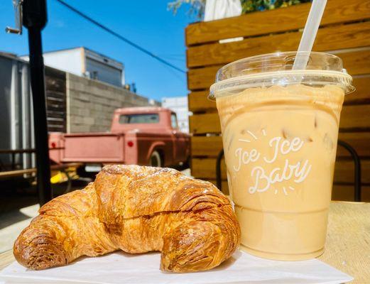 The winning combo: almond croissant and iced vanilla latte