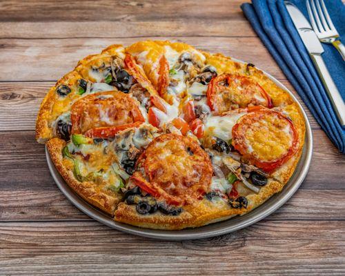 Veggie Pizza (#26): Mushrooms, green peppers, olives, onions, tomatoes