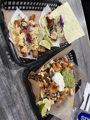 Calamari taco, beer bartered shrimp taco, surf and turf fries