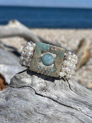 Pagio Jewelry Designs variscite, aquamarine and freshwater pearls statement cuff bracelet.