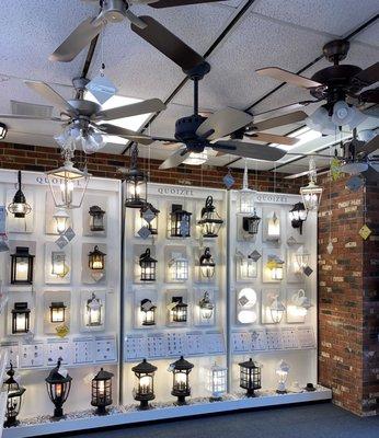 Some Outdoor lighting and Fans on display in showroom