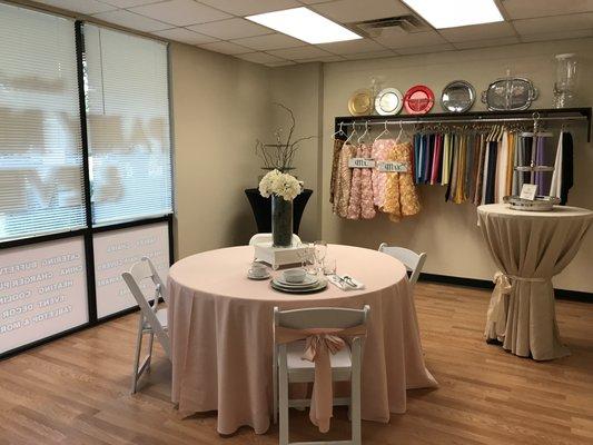 Stop by our  store and choose from a variety of beautiful linens.  We also carry  chairs, tables, flatware and glassware and more!.