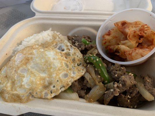 Bulgogi rice with egg and kimchi