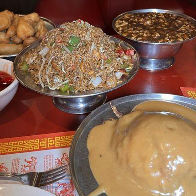 Subgum Pork Fried Rice, Pork Egg Foo Yong, and Lobster Sauce.