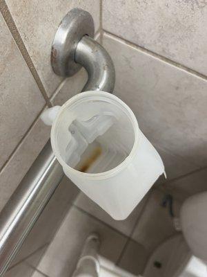 urinal with somebody's urine in it that had been there more than one day hanging by the same public toilet people use in the shower room