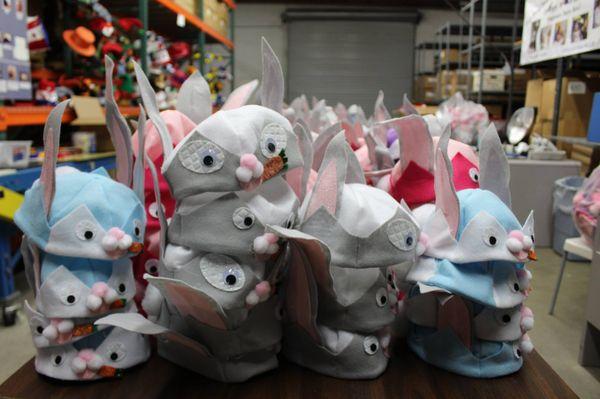 These are our Easter Holiday Bunny rabbit hats completed at our warehouse.