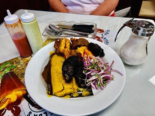 Appetizer platter, tamale, blood sausage, chiccarones, sweet potato, onion relish