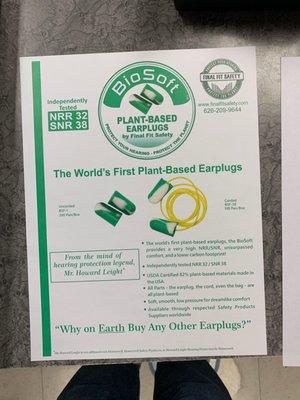 Datasheet for plant-based earplugs.