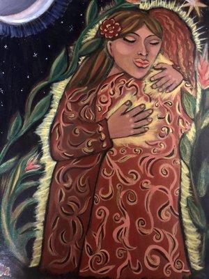 She Embraces Compassion-original art by Anya Mayer hanging in the office. It's a reminder to be gentle with ourselves as we heal...