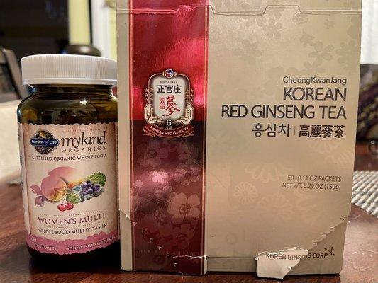 My go-to vegan vitamins and a box of Korean Red Ginseng tea!