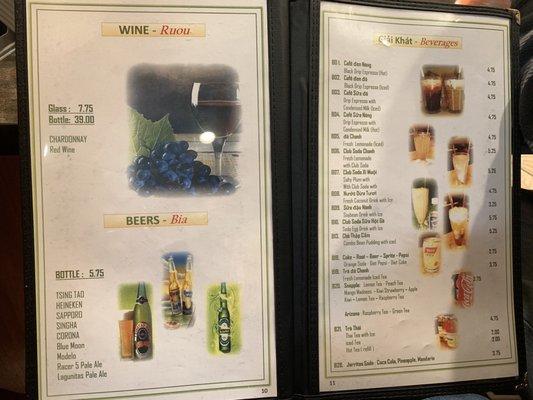 Menu: Beverages including Wine and Beer